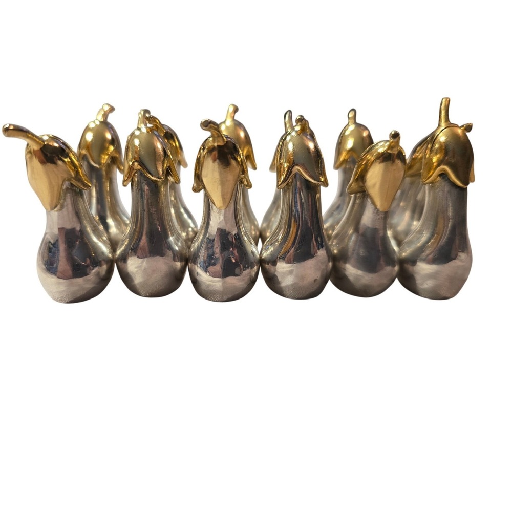 12Vintage Silver and Gold Tone Eggplant Place Card Holders Two-Tone Metal